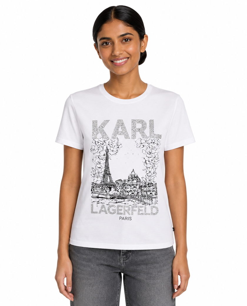 KARL LAGERFELD Cotton Jersey Sparkle Paris Scene Logo Tee