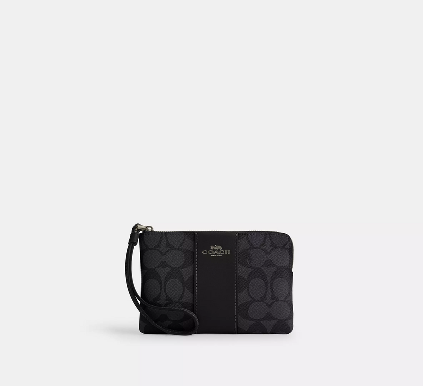 COACH Corner Zip Wristlet In Signature Canvas With Stripe - Gunmetal/Charcoal/Black image