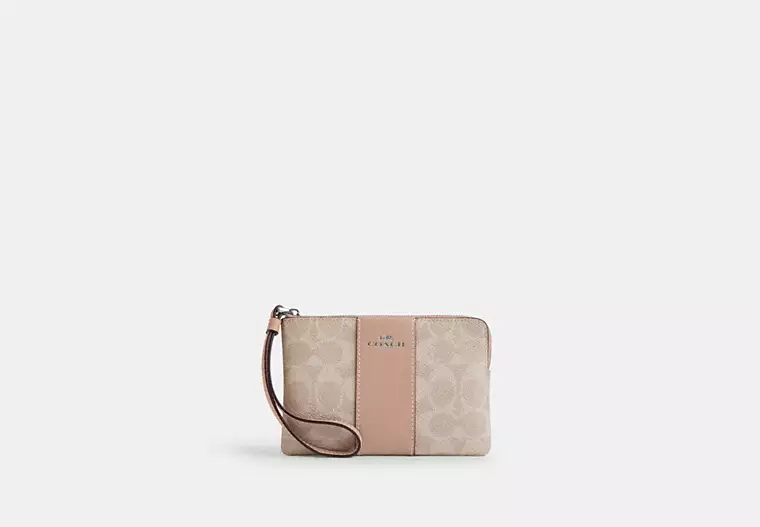 COACH Corner Zip Wristlet In Signature Canvas With Stripe - Silver/Sand/Taupe image