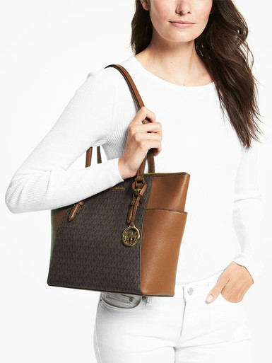 MICHAEL KORS Charlotte Large Logo and Leather Top-Zip Tote Bag - Brown image 0