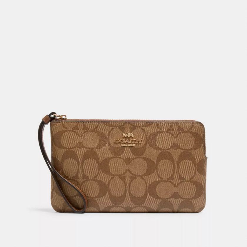 COACH Large Corner Zip Wristlet In Signature Canvas - Gold/Khaki Saddle 2 image