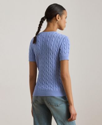 [ARRIVING] LAUREN RALPH LAUREN Women's Cable-Knit Short-Sleeve Embroidered Sweater - Banker Blue image 3