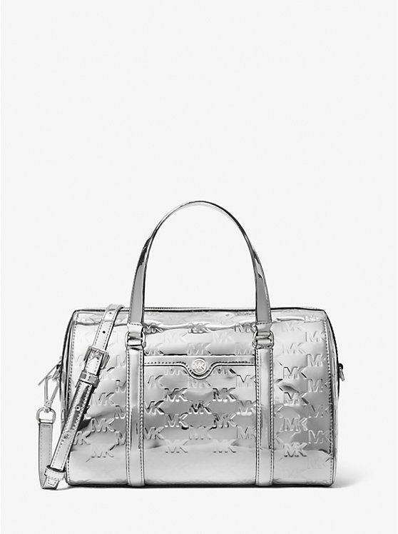 [AT DELHI] MICHAEL KORS Jet Set Medium Patent Logo Debossed Duffel Crossbody Bag - Silver image 0