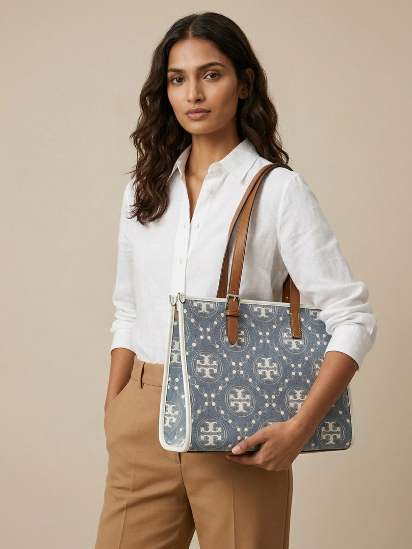 [ARRIVING] TORY BURCH Small T Monogram Denim Tote Bag image 1