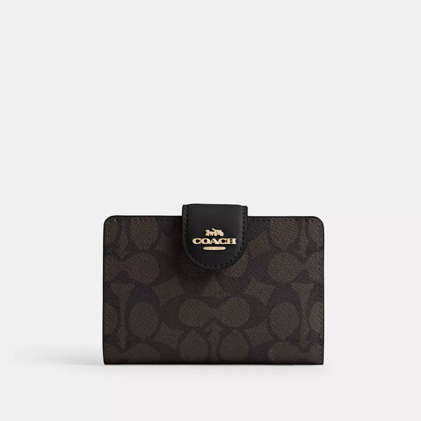 COACH Medium Corner Zip Wallet In Signature Canvas - Gold/Walnut/Black image