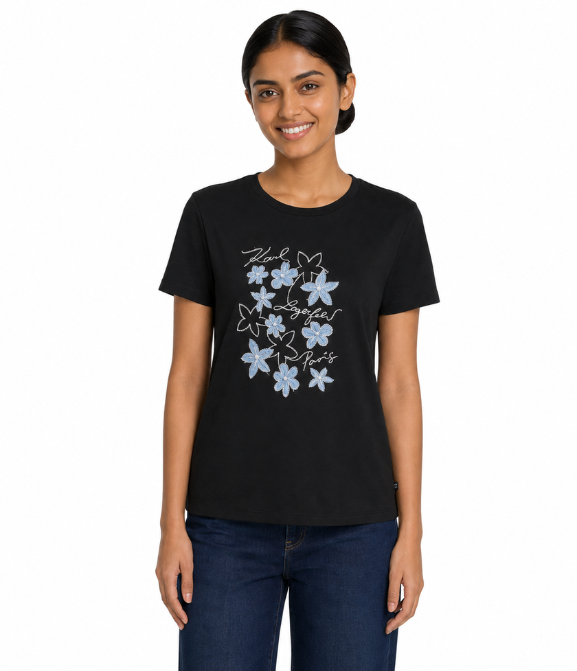 KARL LAGERFELD Cotton Jersey Denim Flower Tee