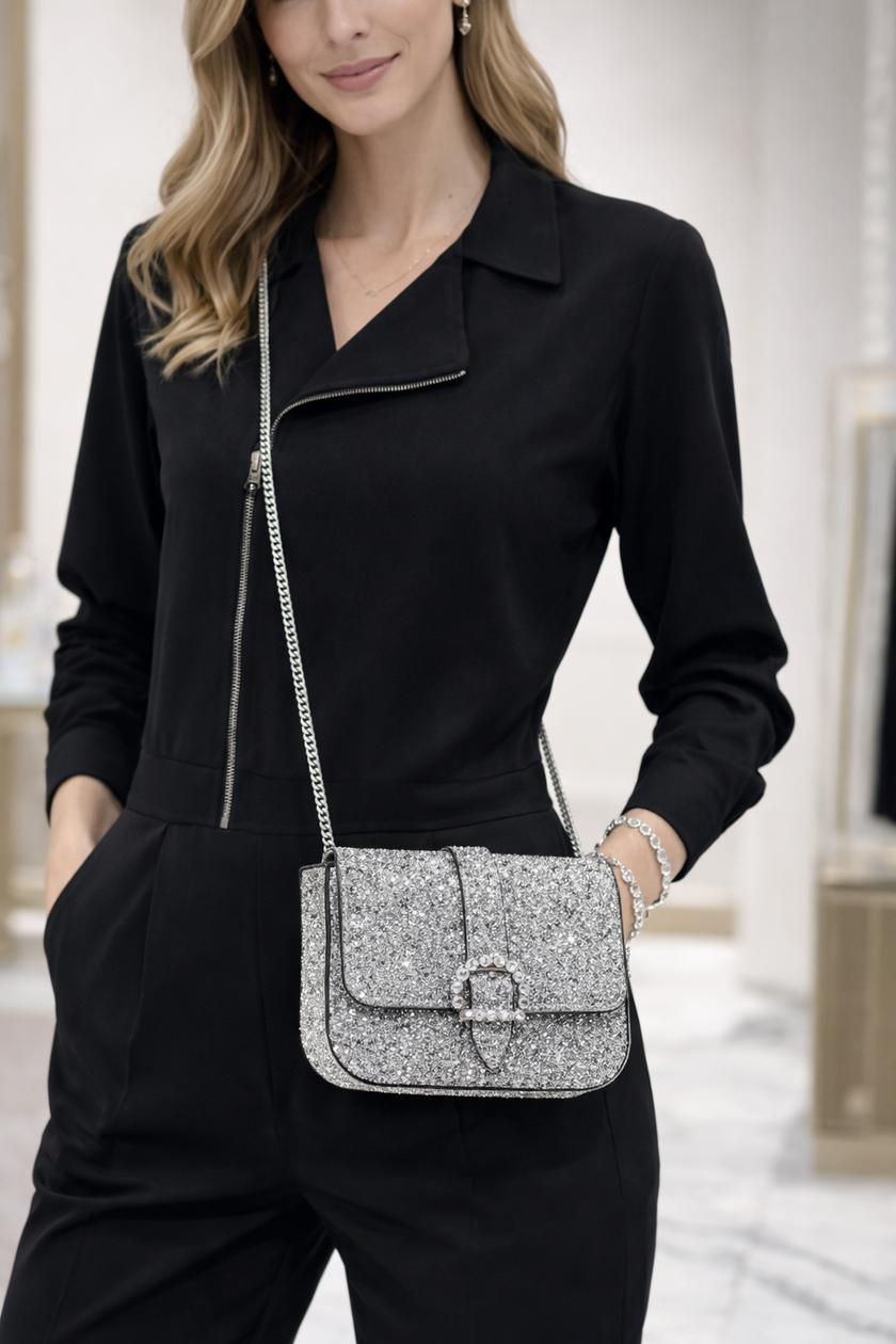 JIMMY CHOO Cheri Contntal Glitter Bag - Silver image