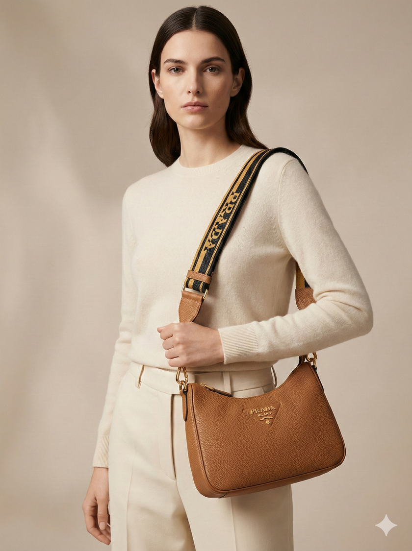 PRADA Women's Brown Logo Leather Shoulder Bag (@Delhi Studio) image 0