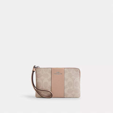 COACH Corner Zip Wristlet In Signature Canvas With Stripe - Silver/Sand/Taupe image 0
