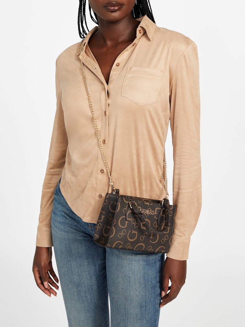 Guess Eldoria Enlarged Logo Mini Satchel - Brown image 1