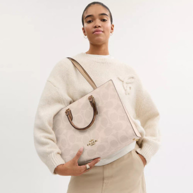 COACH Maggie Tote Bag In Blocked Signature Canvas - Gold/Sand/Tan image 2
