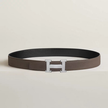 [AT DELHI] HERMES H Guillochee Belt Buckle & Reversible Leather Strap - Black/Grey image 0