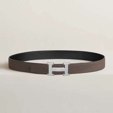 [AT DELHI] HERMES H Guillochee Belt Buckle & Reversible Leather Strap - Black/Grey image 0