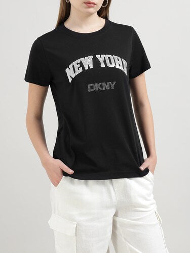 [AT DELHI] DKNY  Woman Black Rhinestone Stud Logo T-shirt image 0
