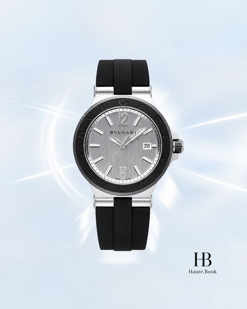 [Brand New] BVLGARI Diagono Ceramic Silver Black Rubber Strap 42 mm