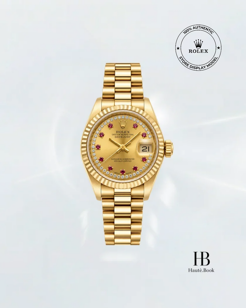 [Store Display] ROLEX Datejust Champagne Ruby Diamond Full Gold President Bracelet 26 mm