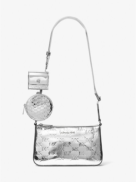 MICHAEL KORS Jet Set Small Patent Logo Debossed Crossbody Bag with Case for Apple Airpods Pro® - Silver image 0