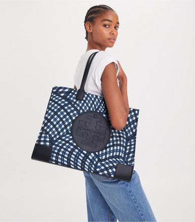 TORY BURCH Ella Printed Tote - Navy Warped Gingham image 1
