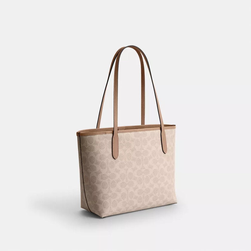 COACH Medium City Tote Bag In Signature Canvas - Silver/Sand/Taupe image 1