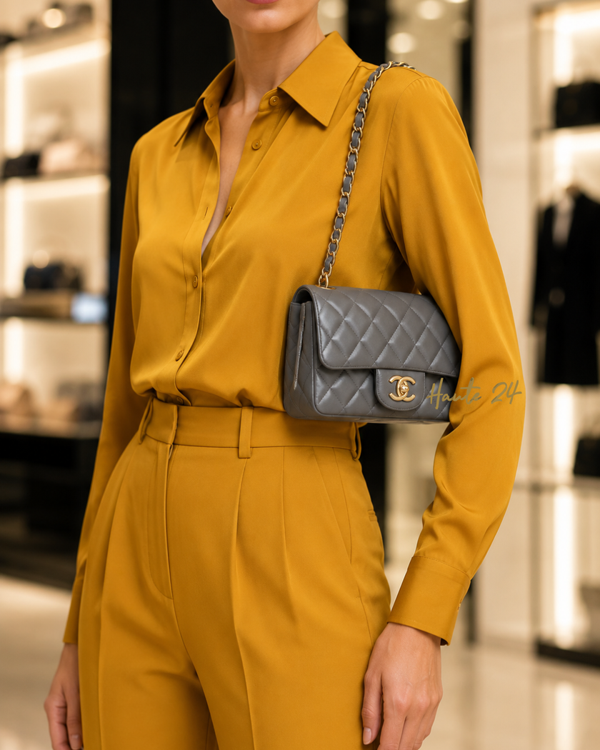 CHANEL Mini Square Quilted Grey Lambskin Gold Hardware