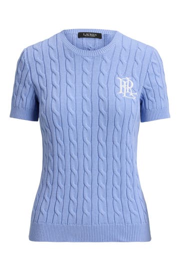 [AT DELHI] LAUREN RALPH LAUREN Women's Cable-Knit Short-Sleeve Embroidered Sweater - Banker Blue