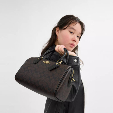 COACH Rowan Satchel Bag In Signature Canvas -  Gold/Walnut/Black image 2