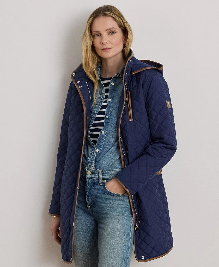 [AT DELHI] LAUREN RALPH LAUREN Womens Hooded Quilted Faux-Suede-Trim Coat - Summer Navy image 0