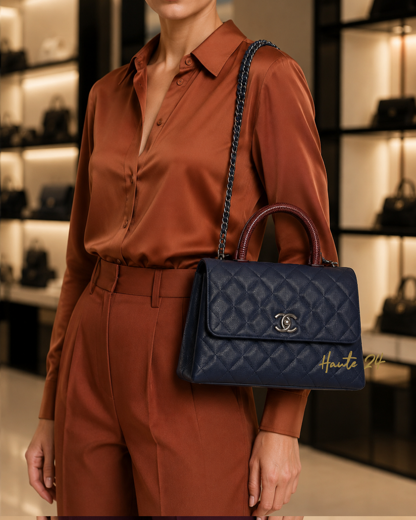 CHANEL Small Coco Handle Quilted Navy Caviar Ruthenium Hardware Lizard Handle