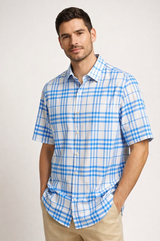 BURBERRY Short-sleeve Check Cotton Shirt In Blue (@Delhi Studio) image 0