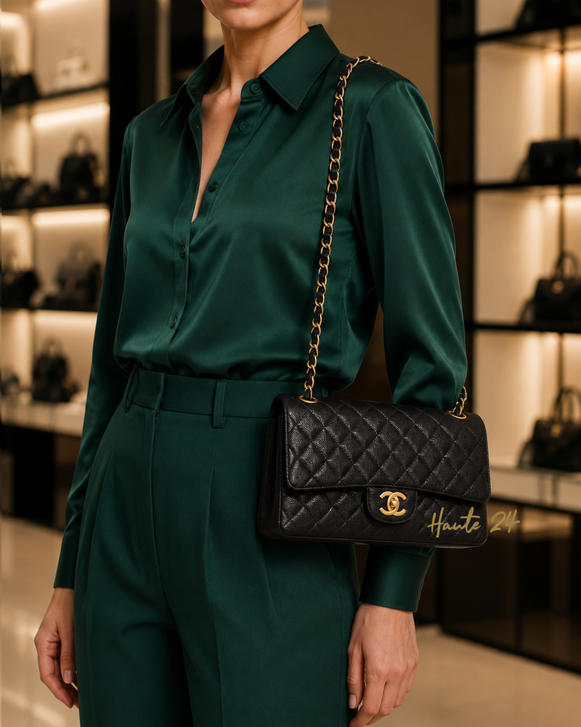 CHANEL Classic Medium Flap Quilted Black Caviar Bag Gold Hardware