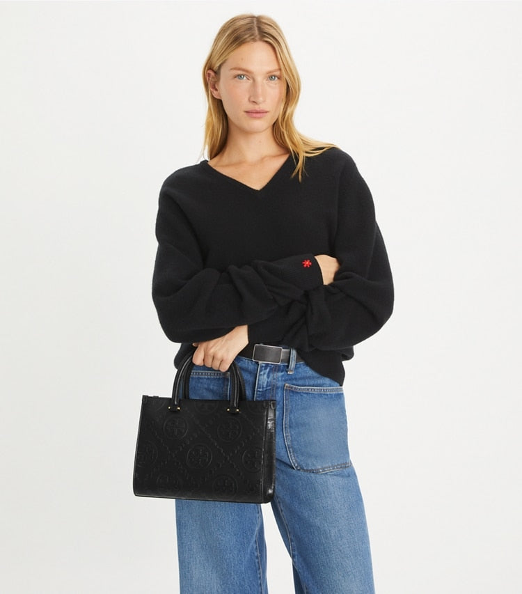 TORY BURCH T MONOGRAM TOP-HANDLE EMBOSSED TOTE - BLACK image 0