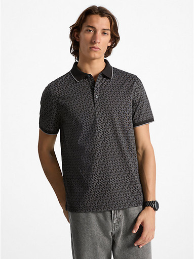 MICHAEL KORS  Greenwich Signature Logo Print Cotton Polo Shirt - Black image 1