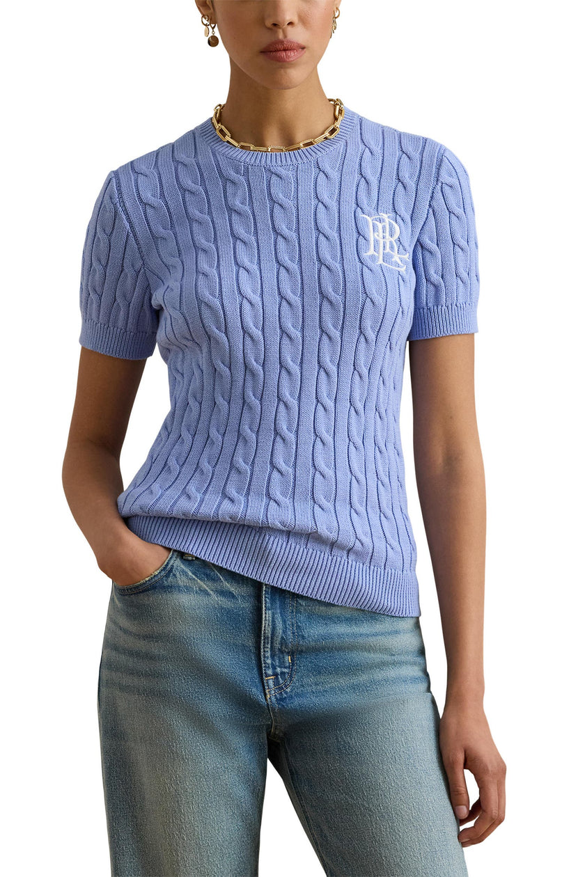 [AT DELHI] LAUREN RALPH LAUREN Women's Cable-Knit Short-Sleeve Embroidered Sweater - Banker Blue