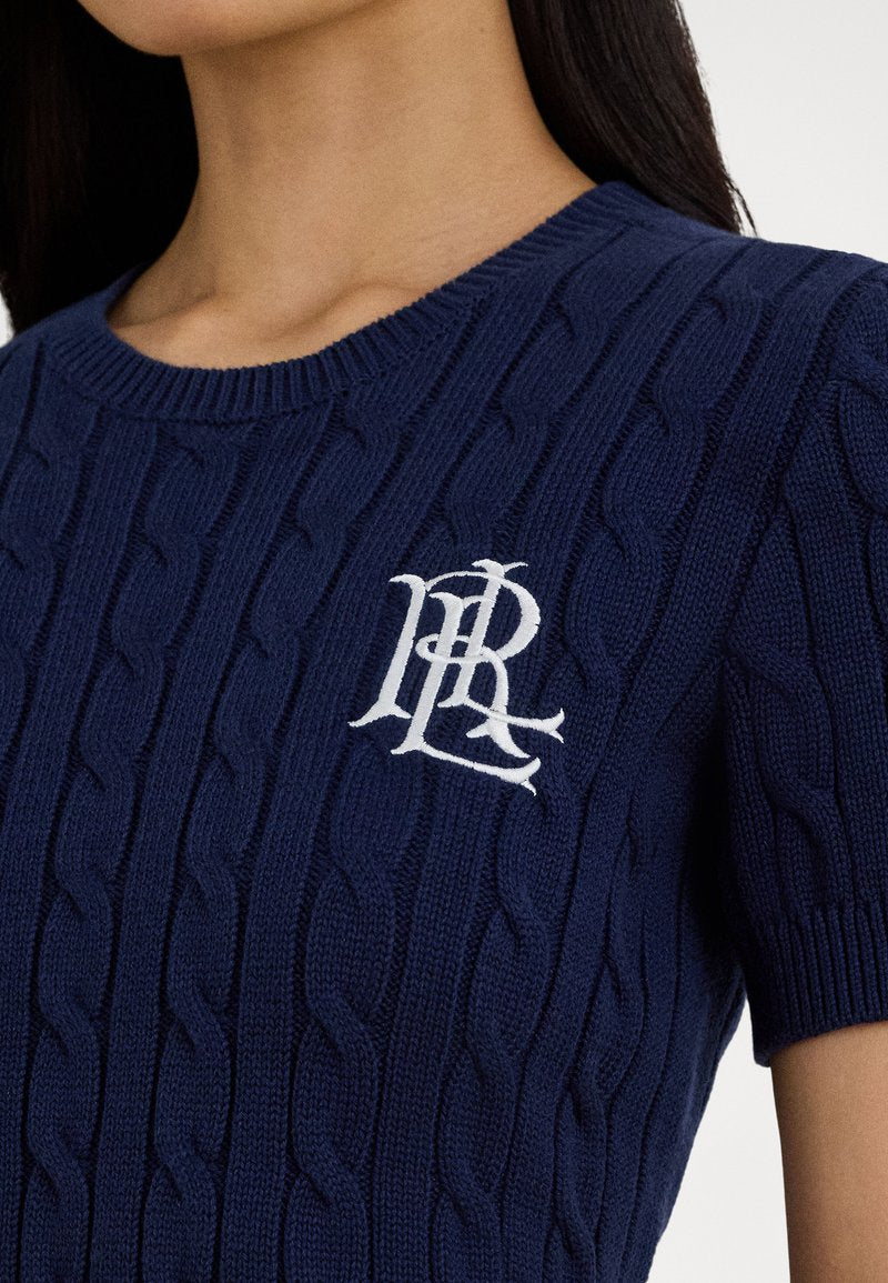 [AT DELHI] LAUREN RALPH LAUREN Women's Cable-Knit Short-Sleeve Embroidered Sweater - Refined Navy
