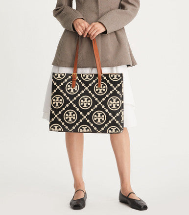 TORY BURCH T Monogram Contrast Embossed Tote - Black /White image 0