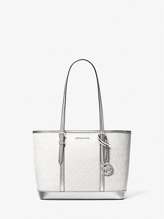 MICHAEL KORS  Jet Set Travel Small Metallic Logo Top-Zip Tote Bag - Silver image 0