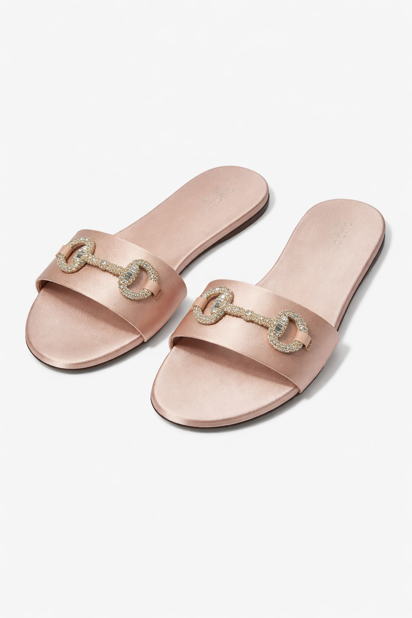[AT DELHI] GUCCI KIM SLD Satin With Embriodery Slides Pink image 0