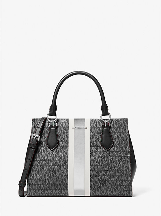 MICHAEL KORS Marilyn Medium Signature Logo Stripe Satchel - Black image 0