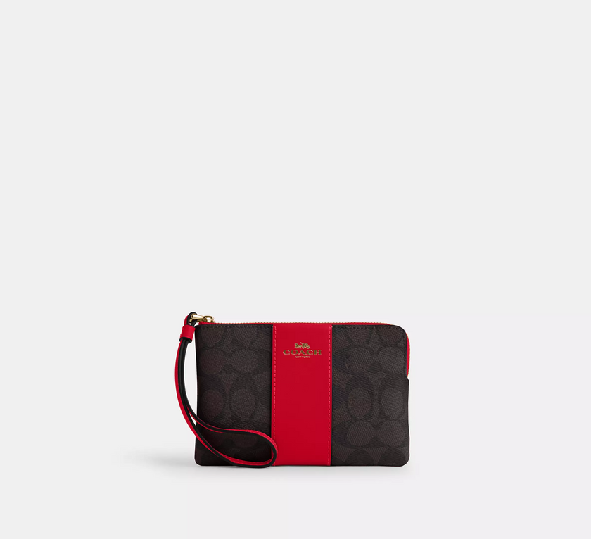 COACH Corner Zip Wristlet In Signature Canvas With Stripe - Gold/Walnut/Bold Red image