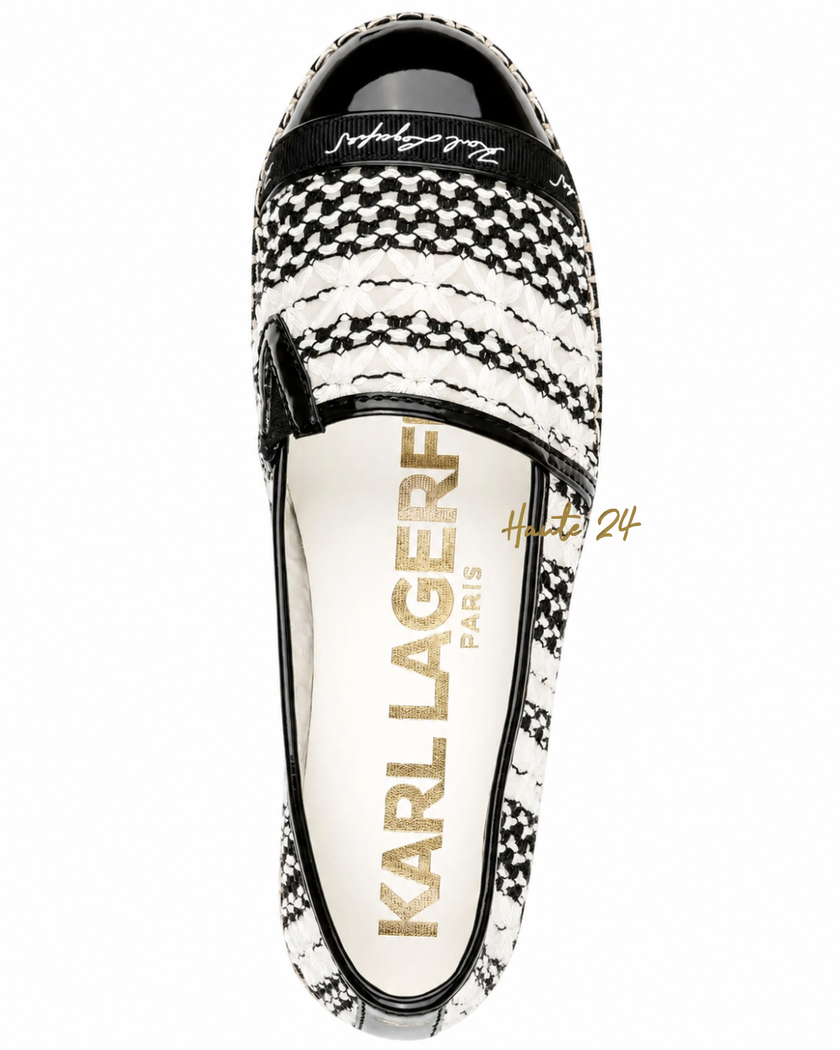 KARL LAGERFELD MILLICENT TWO-TONE CROCHET SLIP-ON FLAT ESPADRILLE