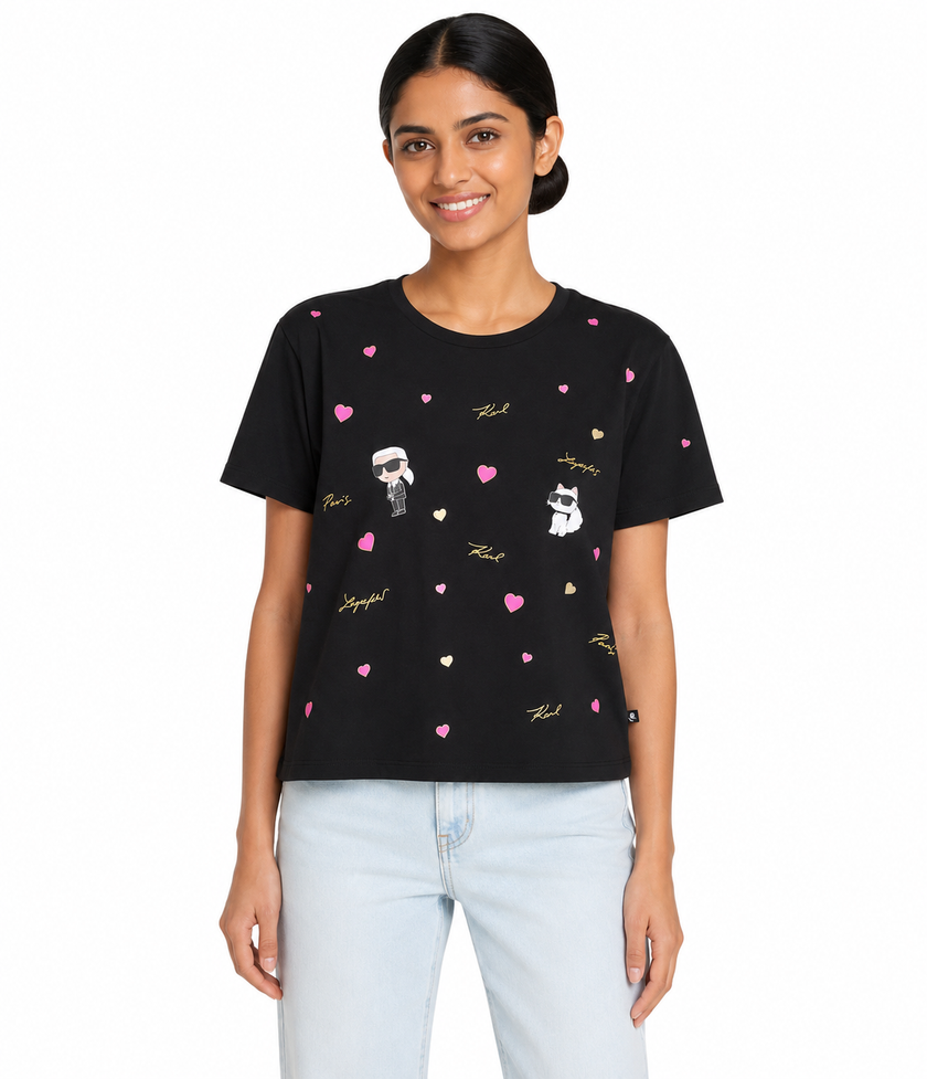 KARL LAGERFELD Cotton Jersey Karl Et Choupette Hearts Tee