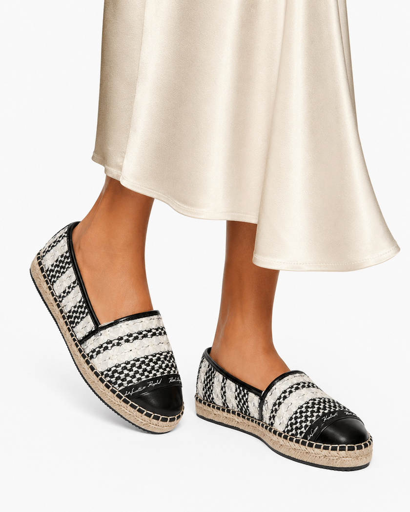 KARL LAGERFELD MILLICENT TWO-TONE CROCHET SLIP-ON FLAT ESPADRILLE