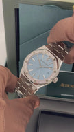 Audemars Piguet Royal Oak 15551ST.ZZ.1356ST.01Stainless Steel Diamond Bezel light blue “Grande Tapisserie” Dial 37mm