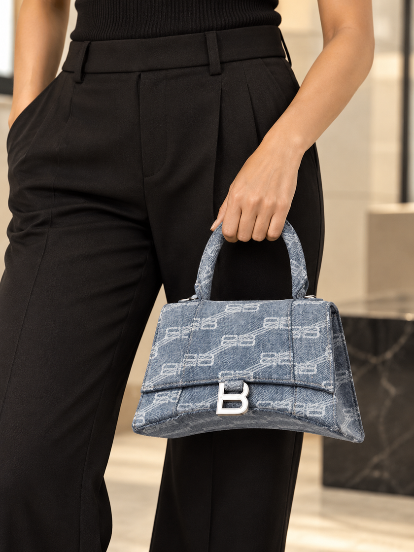 BALENCIAGA Hourglass BB Monogram Denim Bag Blue