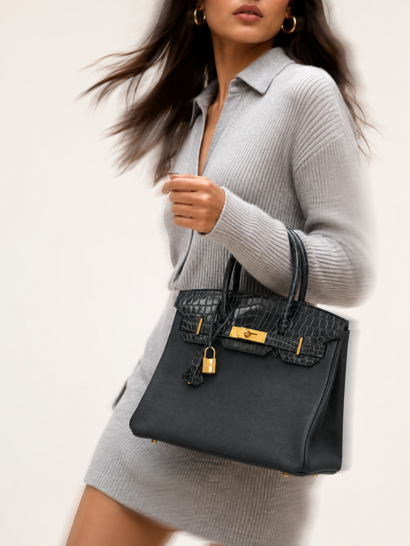HERMES Birkin 30 Touch Black Shiny Niloticus