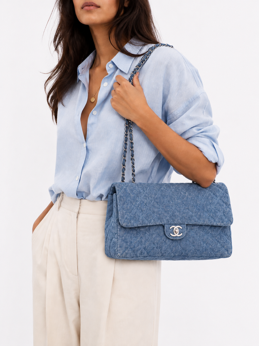 CHANEL CC Logo Matelasse W Chain Shoulder Blue Denim