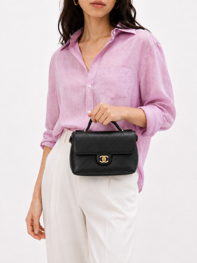 CHANEL Mini Matelasse Top Handle ChainShoulder Black