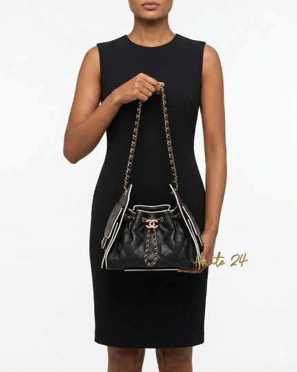 [Unused] CHANEL 25 Mini Bag Black/ White Calfskin Gold Hardware
