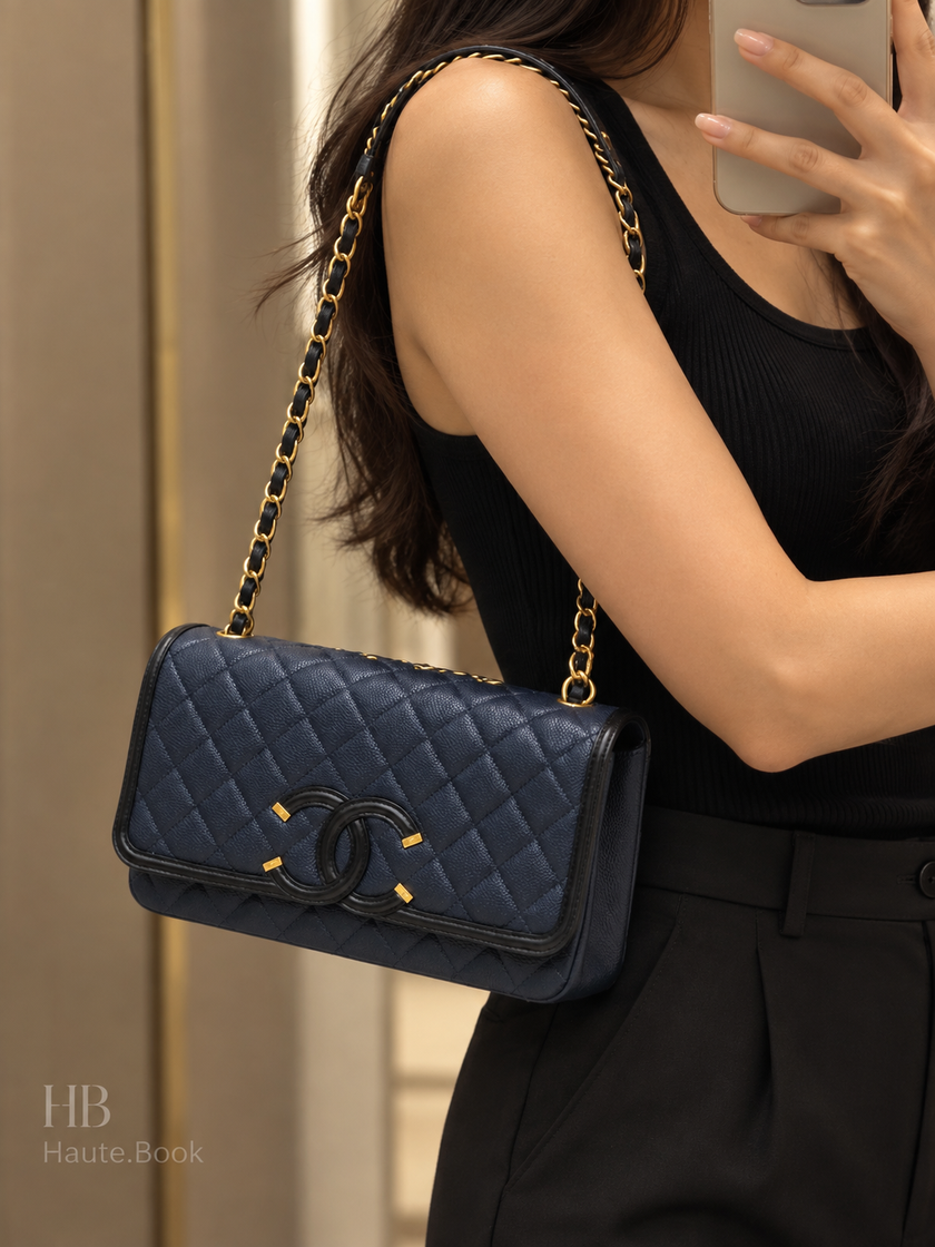 [Unused / Like New]CHANEL Caviar Quilted Medium CC Filigree Flap Navy Black
