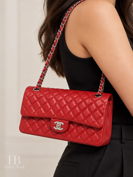 [Unused / Like New]CHANEL Classic M/L Medium Flap Quilted Red